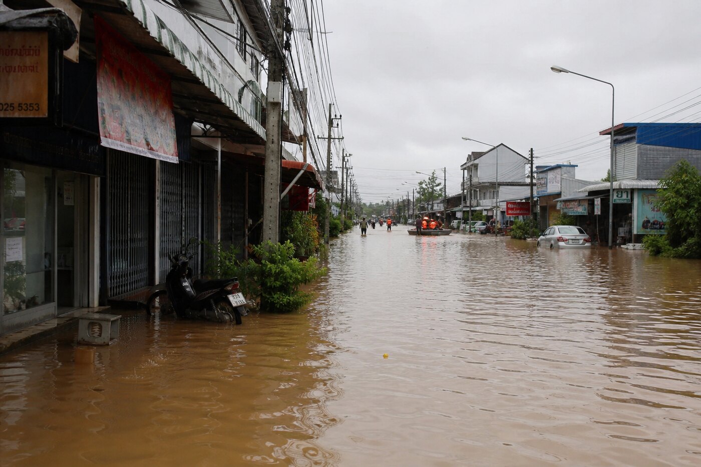 ภาพประกอบน้ำท่วมถนนเมืองหลังฝนหนัก