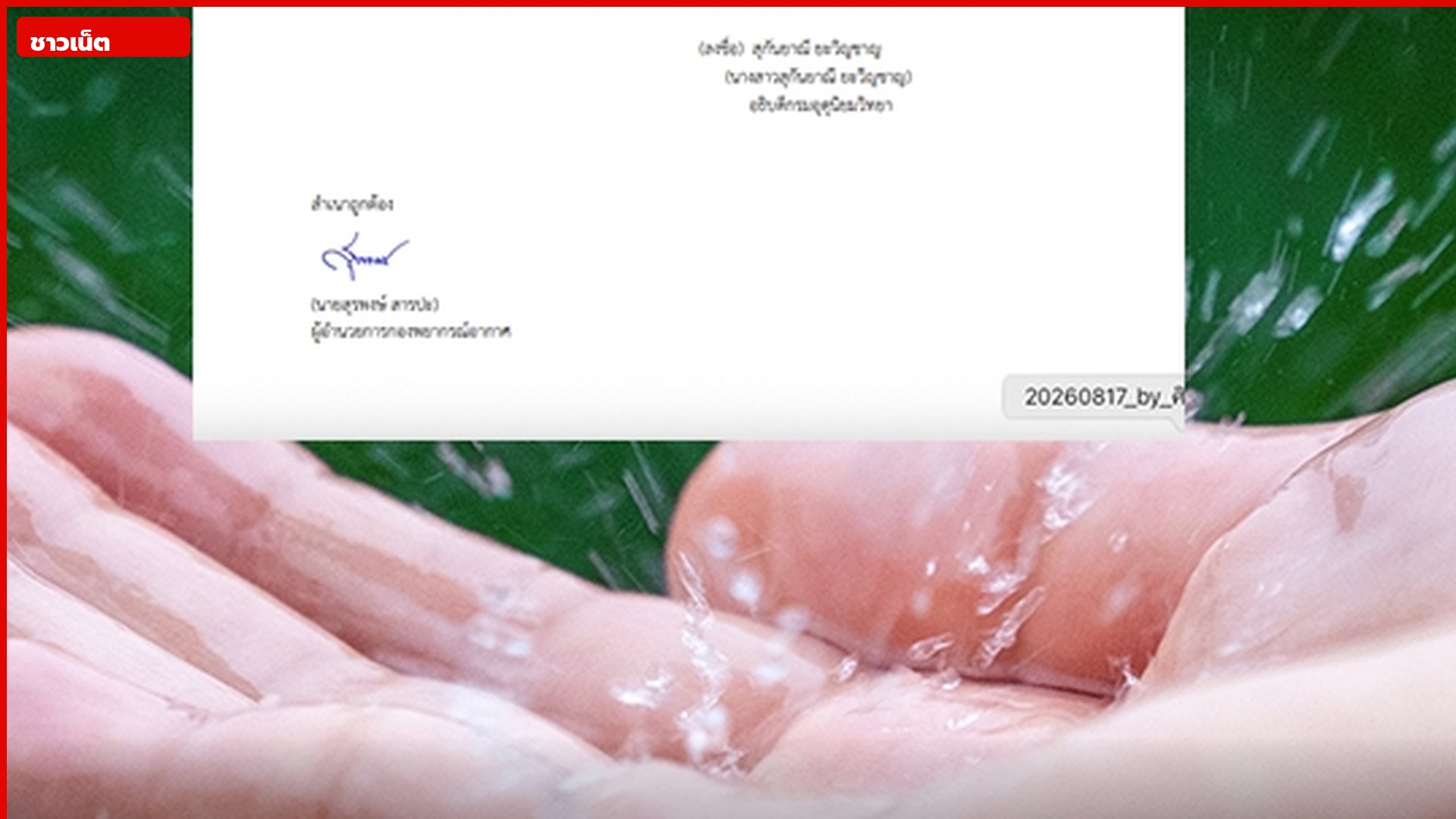 มือรองน้ำฝนขณะฝนตกหนัก