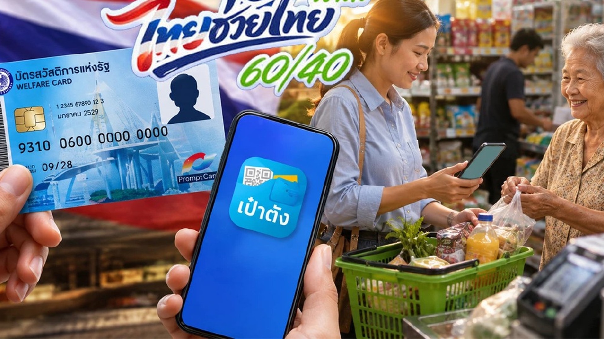 บัตรสวัสดิการแห่งรัฐและโทรศัพท์มือถือที่แสดงแอปเป๋าตัง
